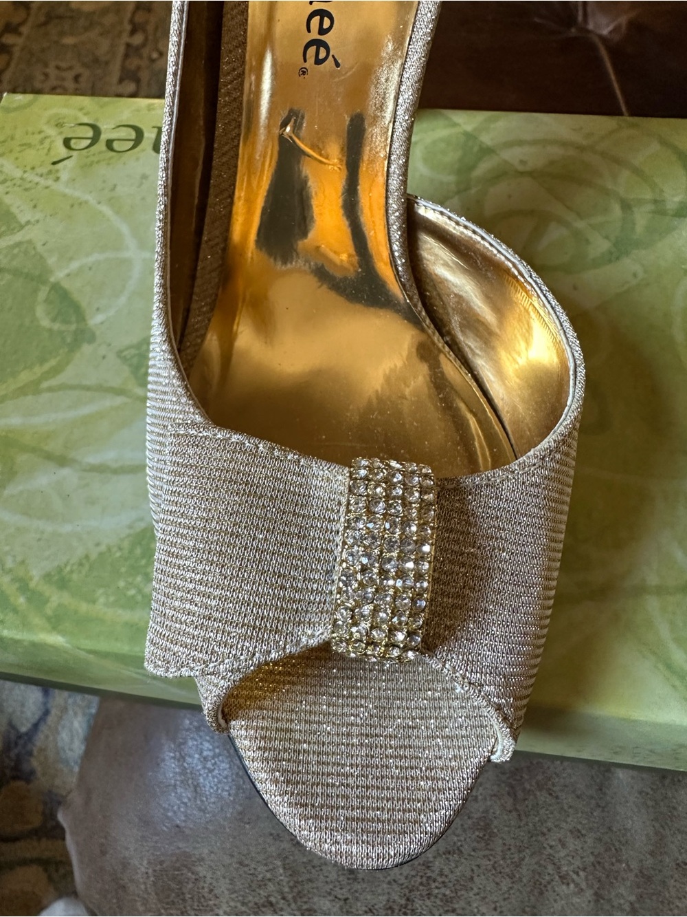 J.Renee Gold Glitter Rhinestone Bow Peep-Toe Pump